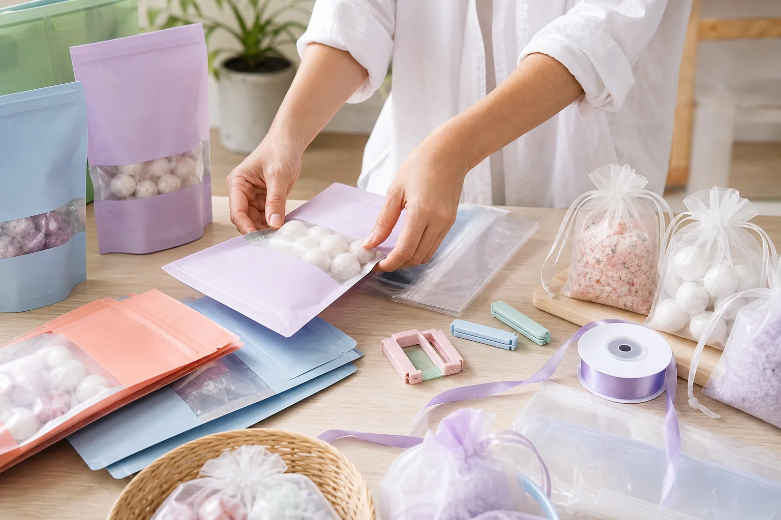 Hands arranging colorful pouches, organza bags, ribbon, and clips at a bright packing table.