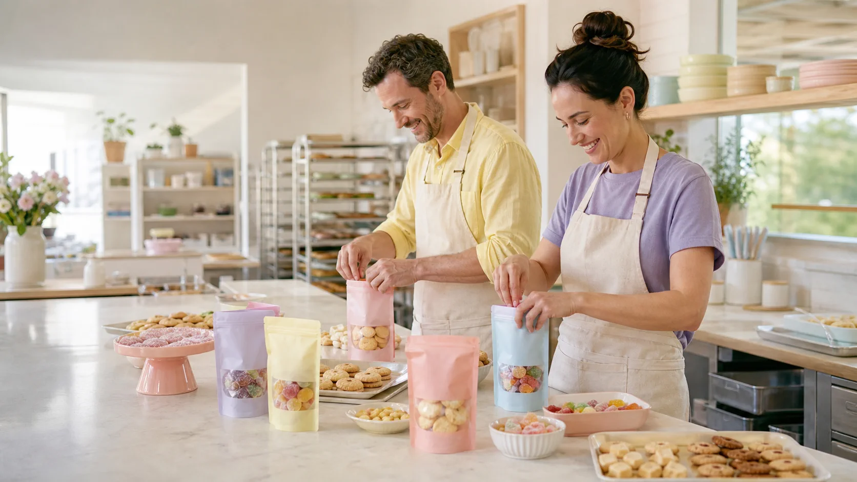 Two small-business bakers packing cookies and colorful treats into pastel stand-up pouches.