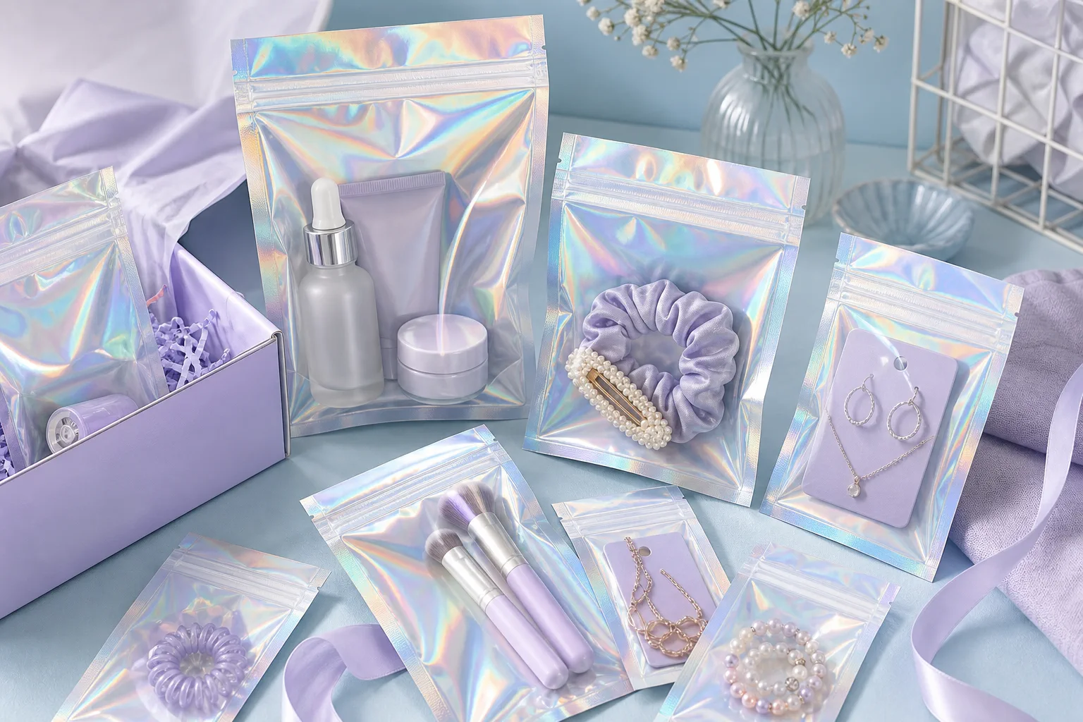 Holographic zipper bags arranged with beauty items, jewelry, and boutique accessories.