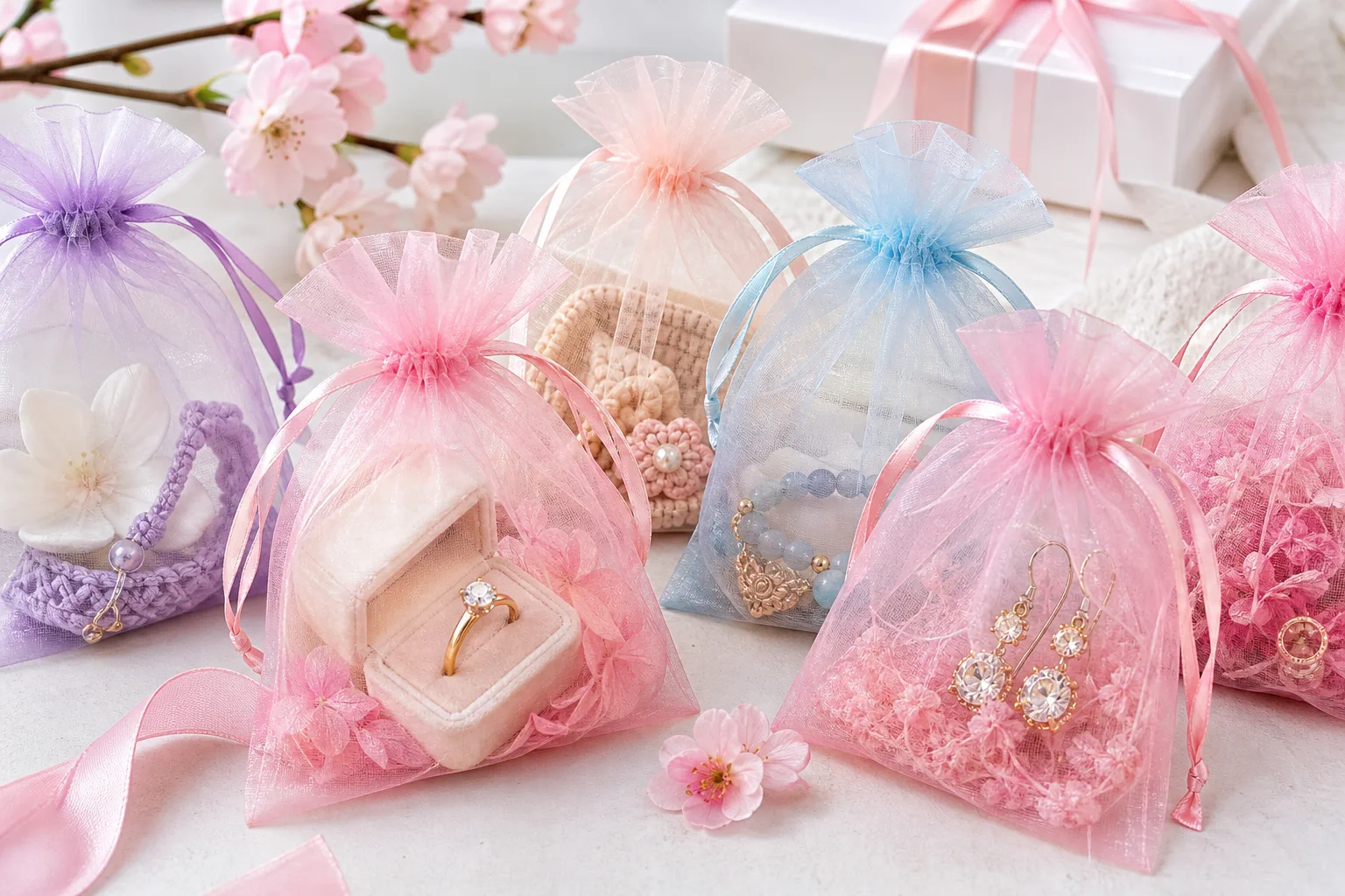 Pastel organza drawstring bags arranged with jewelry and small handmade gifts.