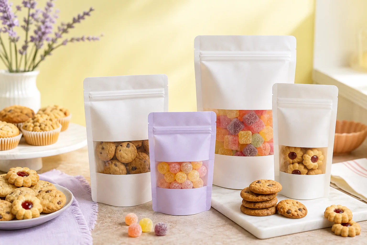 Stand-up pouches filled with cookies and candies in a bright bakery setting.