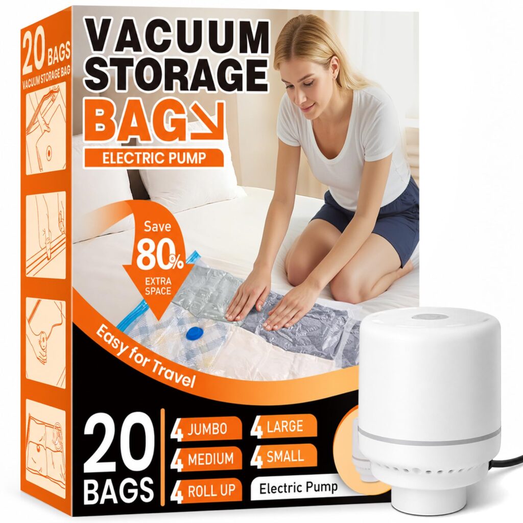 FUNFERY 20 Pack Vacuum Seal Bags for Clothing Travel,Vacuum Storage Bags with Pump,Compressing Packing Bag for Clothes,Blankets,Comforters,Home Storage,Space Saving Bag for Moving Supplies-Combo Set
